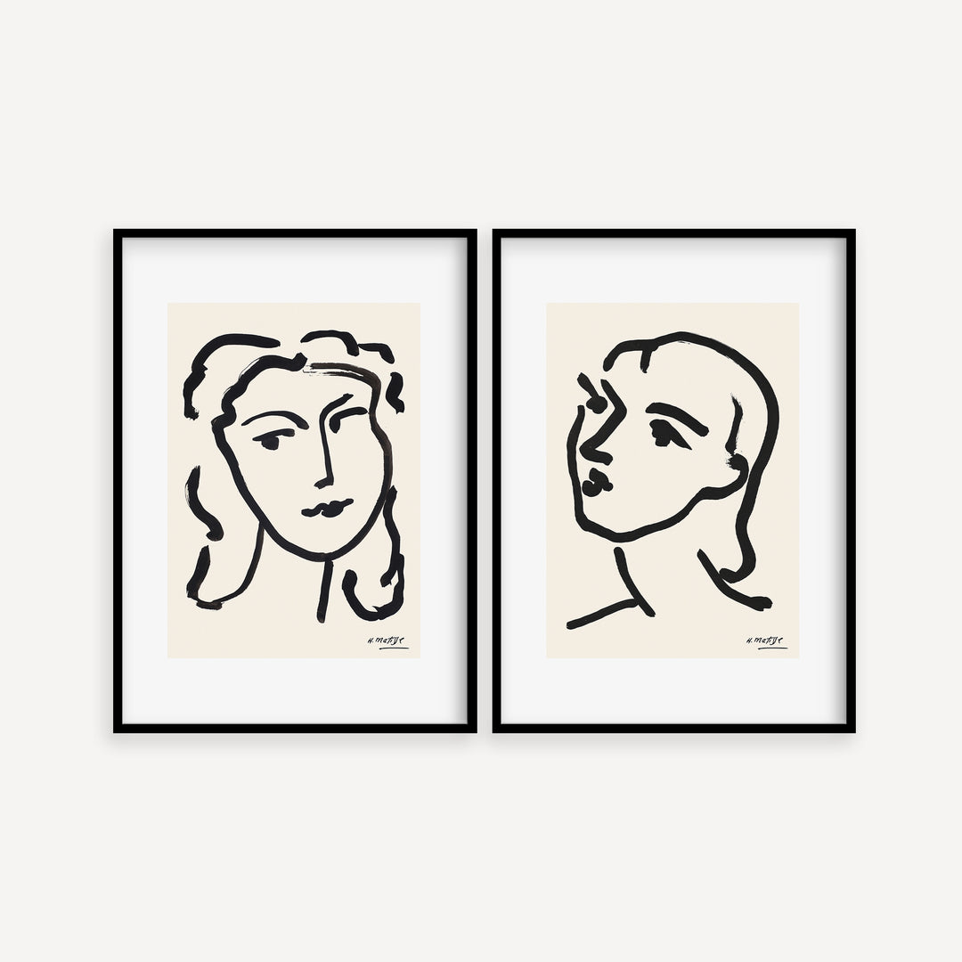 Henri Matisse line art poster set, bold black contour face drawings on neutral background, minimalist wall art