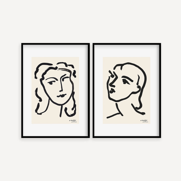 Henri Matisse line art poster set, bold black contour face drawings on neutral background, minimalist wall art