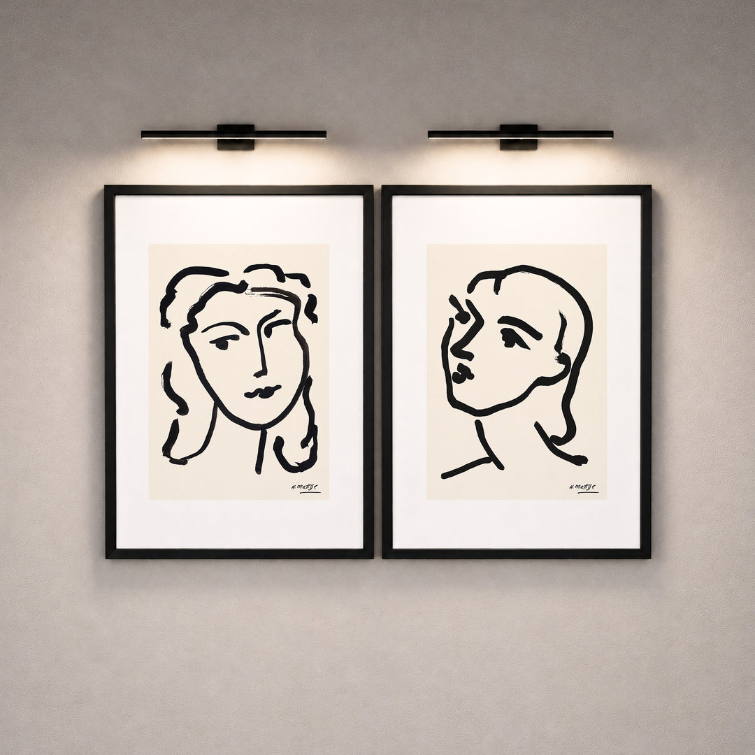 Henri Matisse style face line art poster, fluid black contour drawing on neutral background