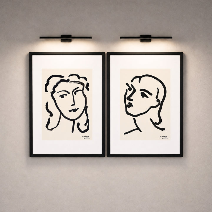 Henri Matisse style face line art poster, fluid black contour drawing on neutral background