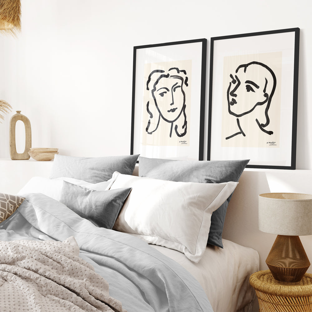 Matisse-inspired minimalist face line art print, black on white, modern wall decor poster