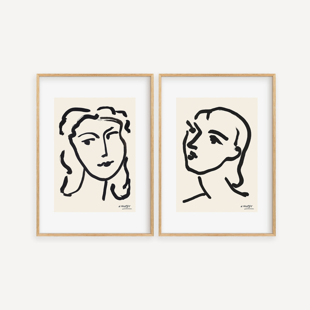 Minimalist Matisse line art poster set, abstract human face contour drawings, modern interior wall art