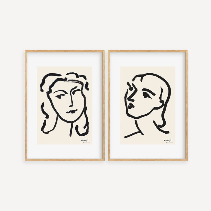 Minimalist Matisse line art poster set, abstract human face contour drawings, modern interior wall art