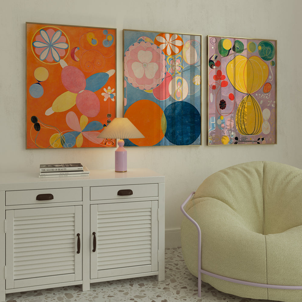 Hilma af Klint poster prints displayed together, bold circular and organic abstract compositions