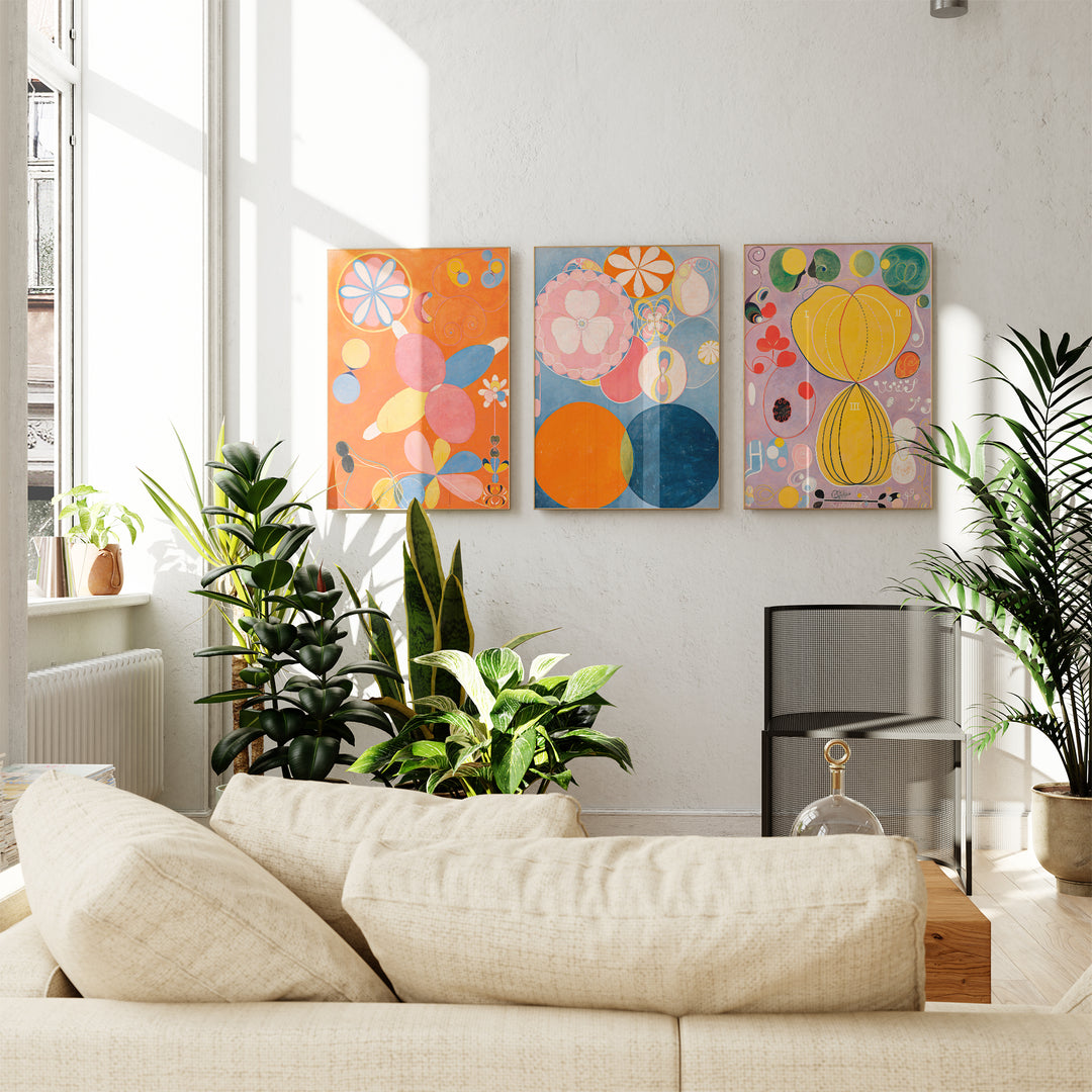 Set of Hilma af Klint wall art posters with vibrant abstract designs on premium matte paper