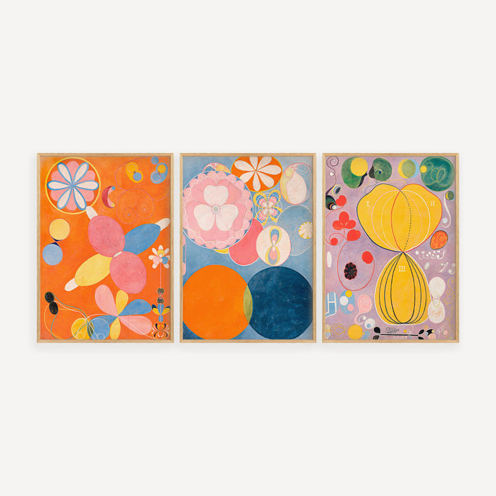 Hilma af Klint abstract art poster set featuring geometric forms and botanical motifs in luminous colours
