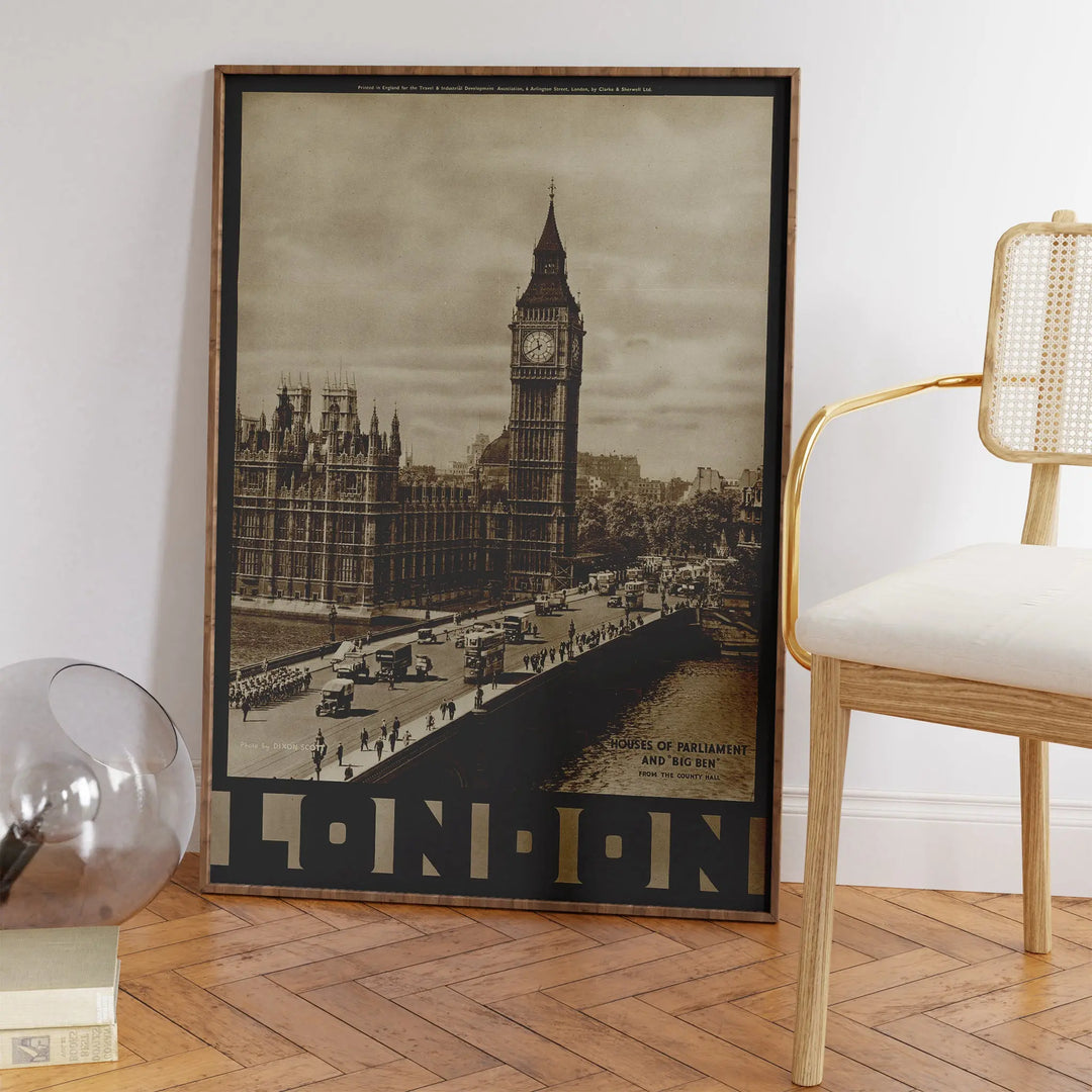 Houses Of Parliament London Vintage Poster sepia-toned vintage art print with black and beige framed poster