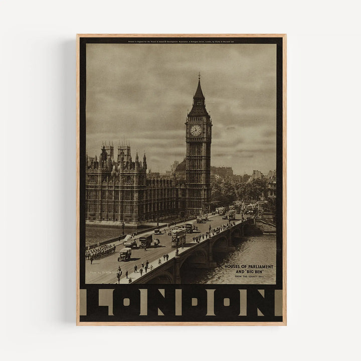 Houses Of Parliament London Vintage Poster vintage sepia-toned art print featuring Big Ben and Westminster Bridge