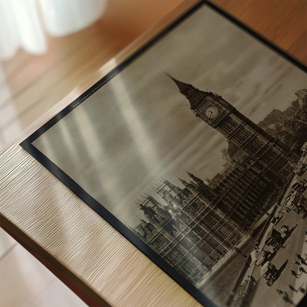 Houses Of Parliament London Vintage Poster in sepia tones, vintage style poster featuring Big Ben and surrounding architecture.