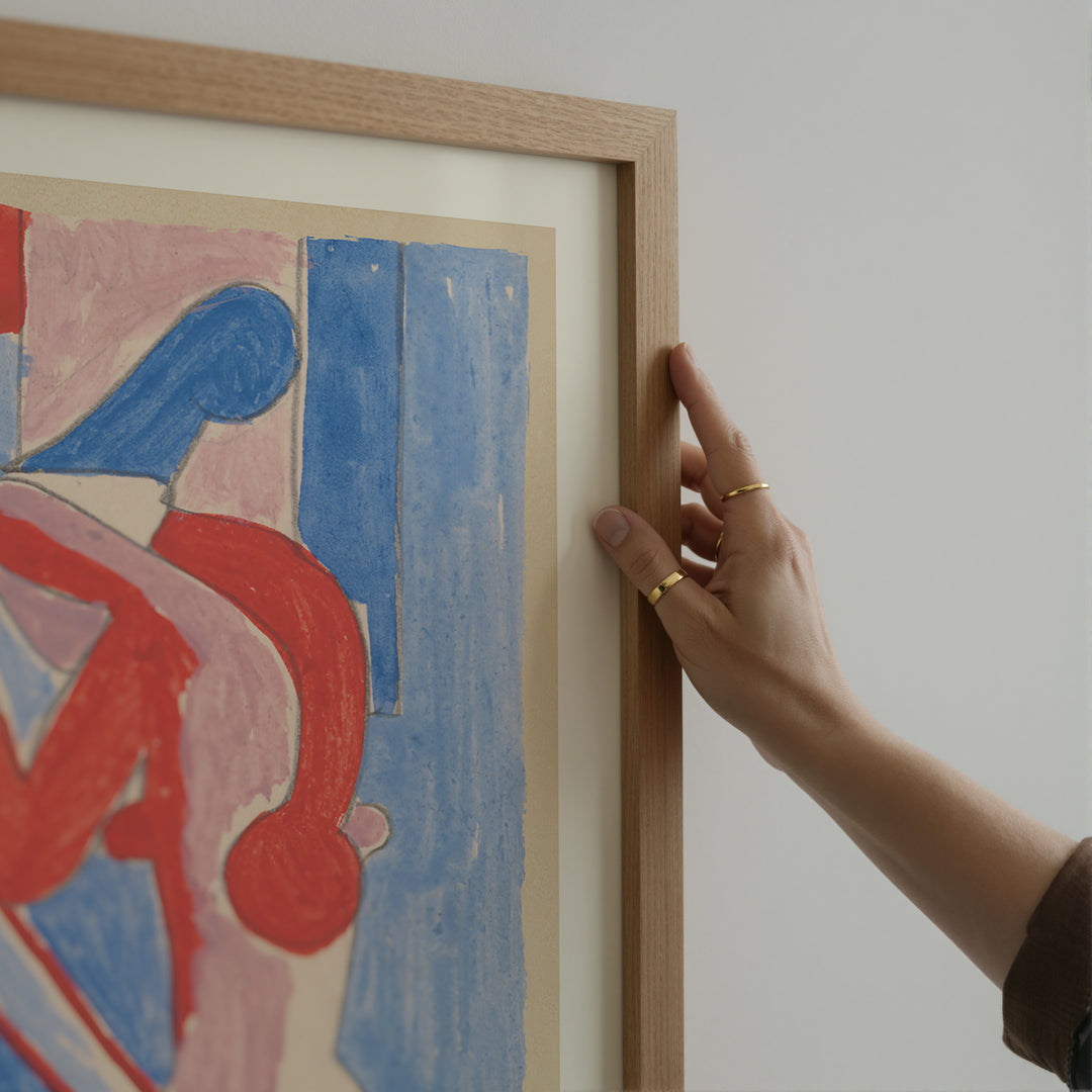 Hug by Mikuláš Galanda Poster featuring abstract art with red, blue, and pink shapes in a minimalist style wall art print