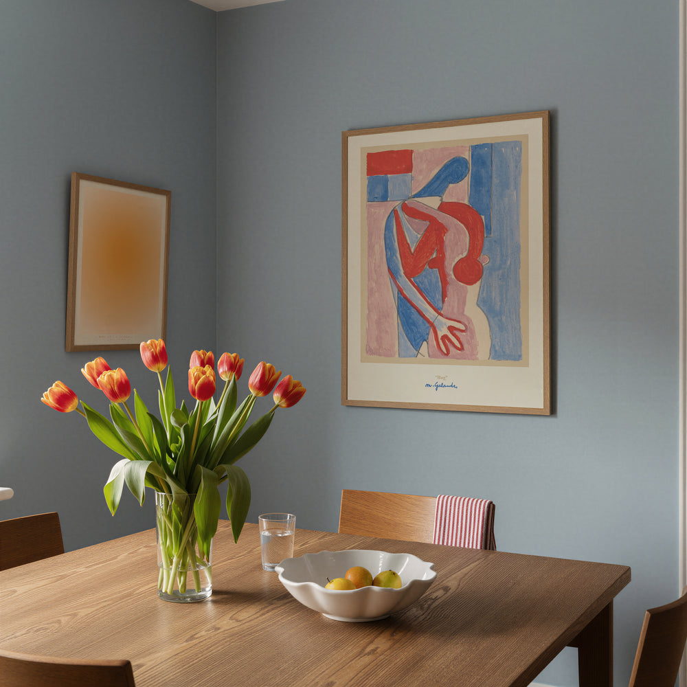 Hug by Mikuláš Galanda Poster featuring abstract minimalist art in red, blue, and beige tones framed as wall art.