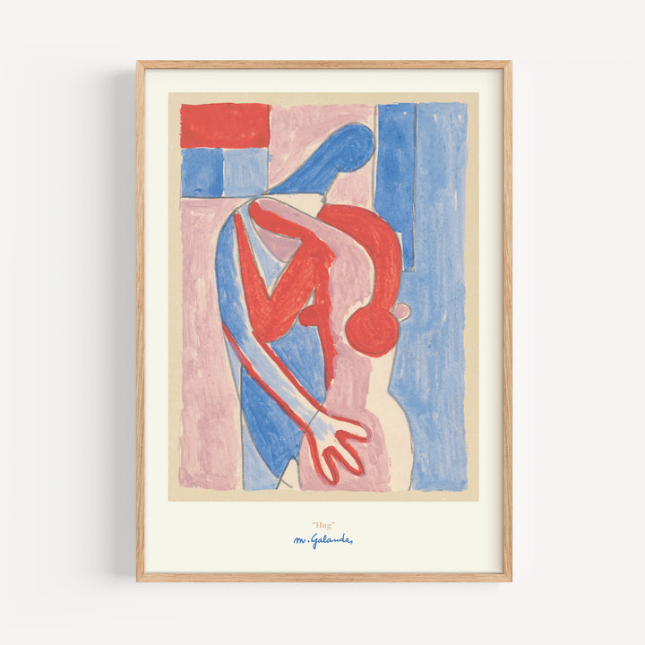 Hug by Mikuláš Galanda Poster featuring an abstract minimalist design in red, blue, and pink tones in a framed poster.