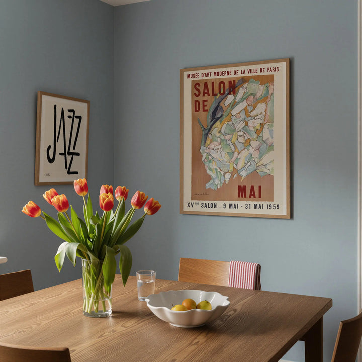 Jazz by Henri Matisse Poster displayed as framed wall art in a dining room with tulips and wooden table.