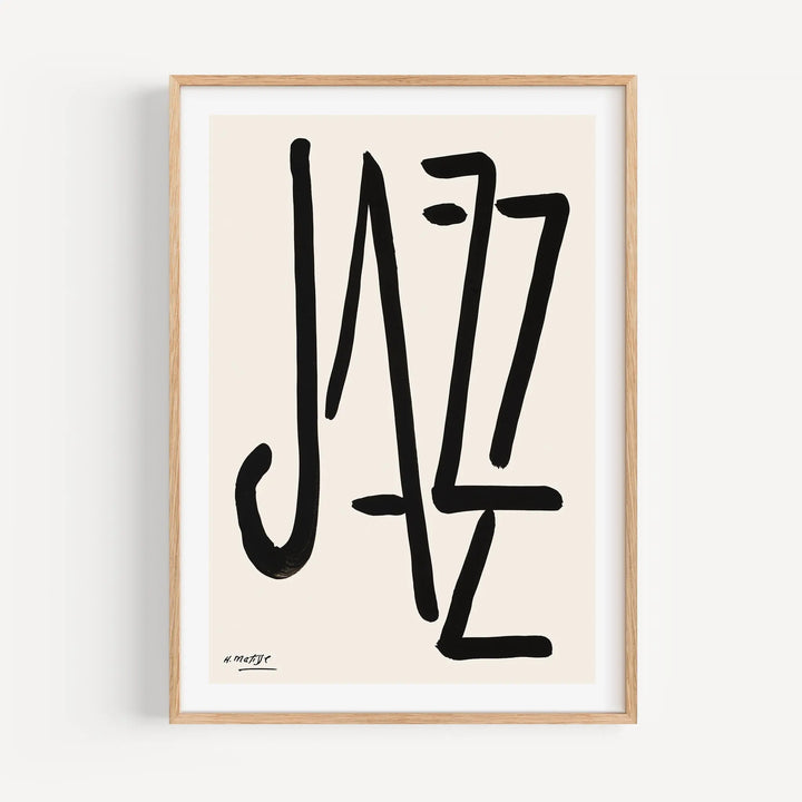 Jazz by Henri Matisse Poster featuring bold black abstract typography on a beige background in a wooden frame wall art print