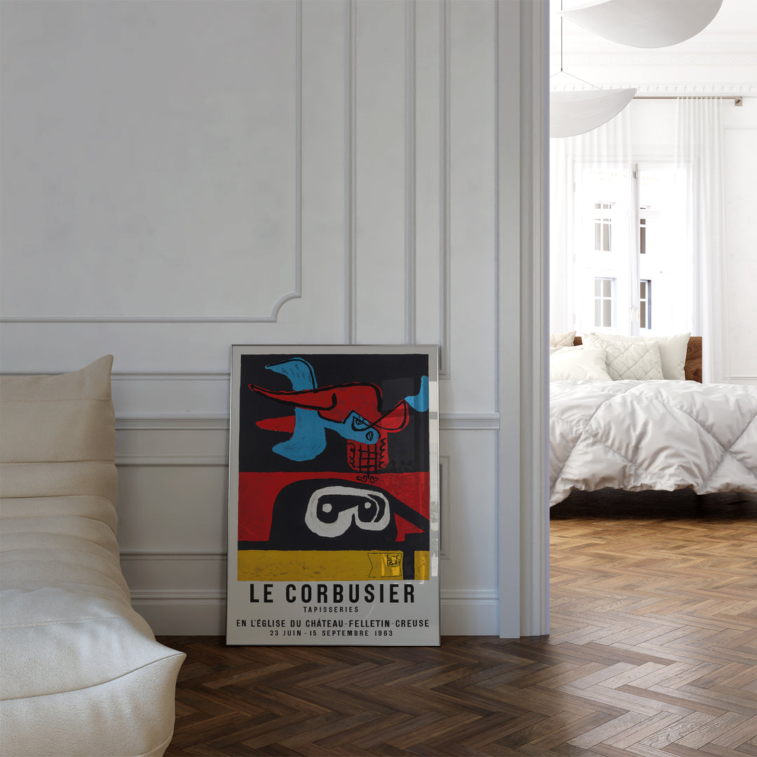 Le Corbusier Church of Chateau Felletin Creuse Exhibition Poster, minimalist style with bold red, blue, black colors, framed poster