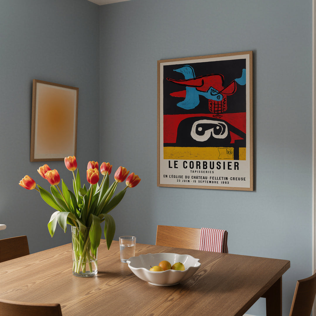 Le Corbusier Church of Chateau Felletin Creuse Exhibition Poster abstract art print in red, black, blue, and yellow tones