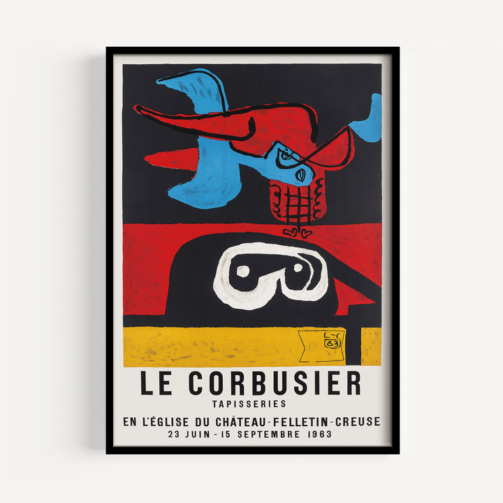 Le Corbusier Church of Chateau Felletin Creuse Exhibition Poster with abstract red, blue, black, and yellow minimalist design wall art
