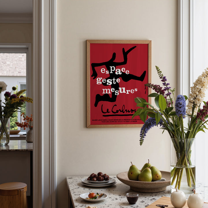 Le Corbusier Espace Geste Mesures Exhibition Poster with minimalist abstract black forms on red background framed wall art