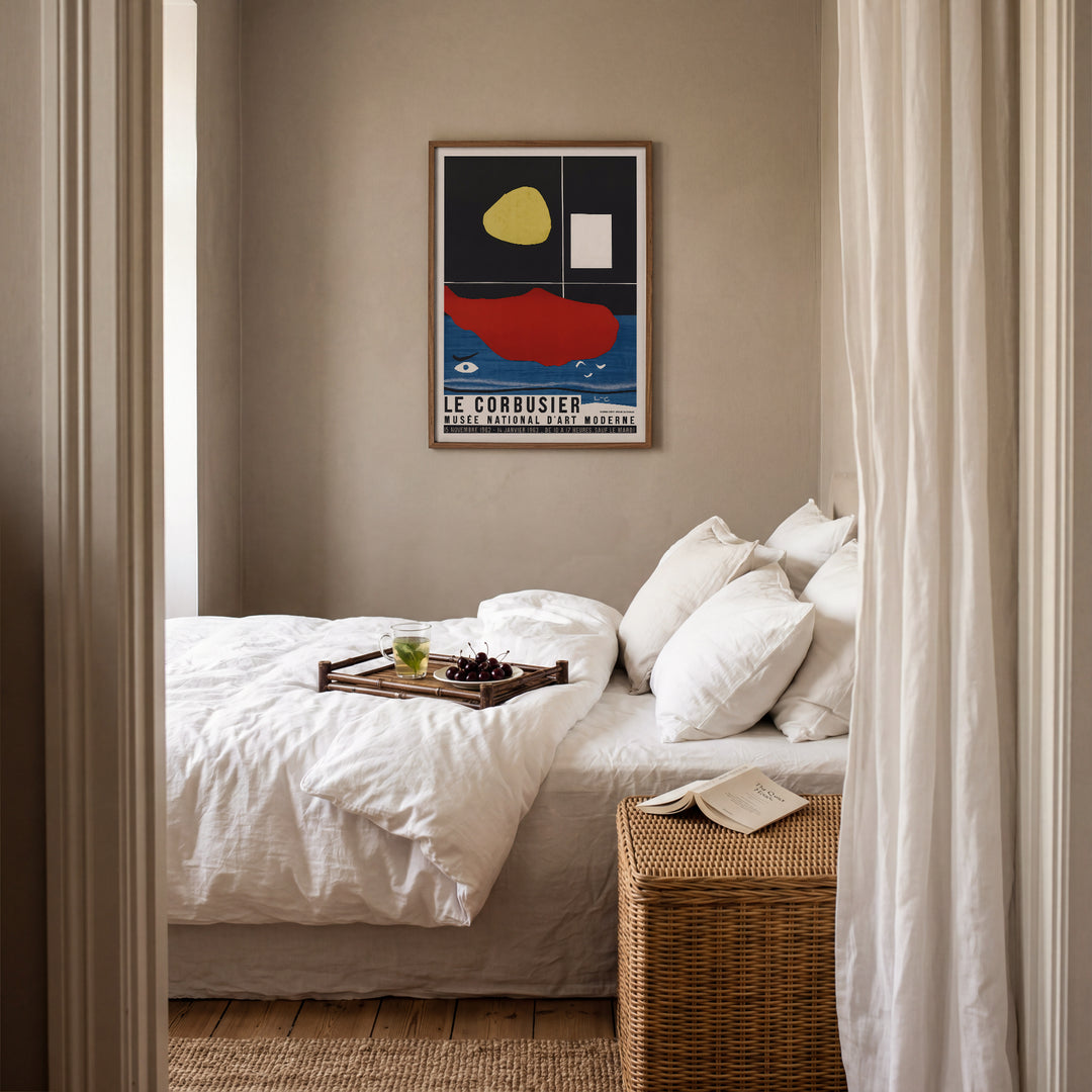 Le Corbusier Musée National d'Art Moderne Exhibition Poster, minimalist abstract design with primary colors, framed wall art poster.