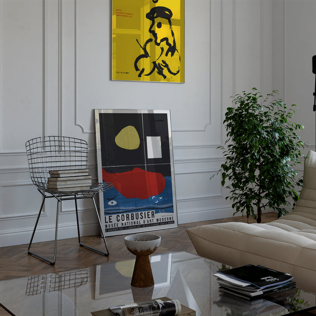 Le Corbusier Musée National d'Art Moderne Exhibition Poster with abstract shapes in red, blue, yellow, and black framed art print.