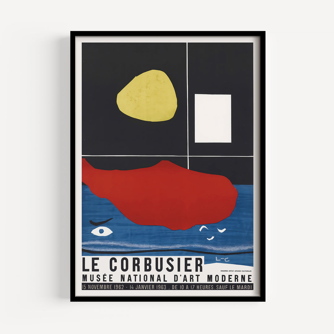 Le Corbusier Musée National d'Art Moderne Exhibition Poster abstract minimalist art print with black, red, blue, yellow, and white colors