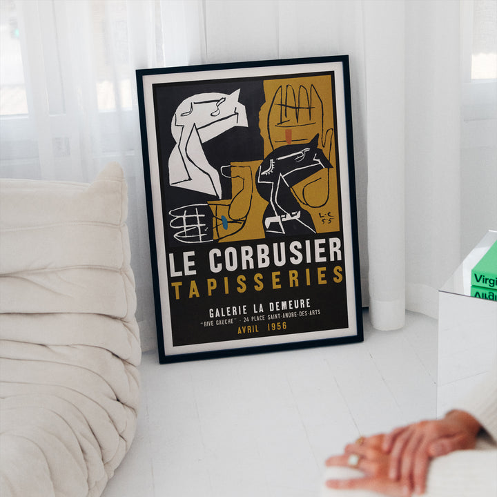 Le Corbusier Tapisseries Exhibition Poster with abstract, minimalist shapes in black, white, ochre and mustard tones, framed wall art.