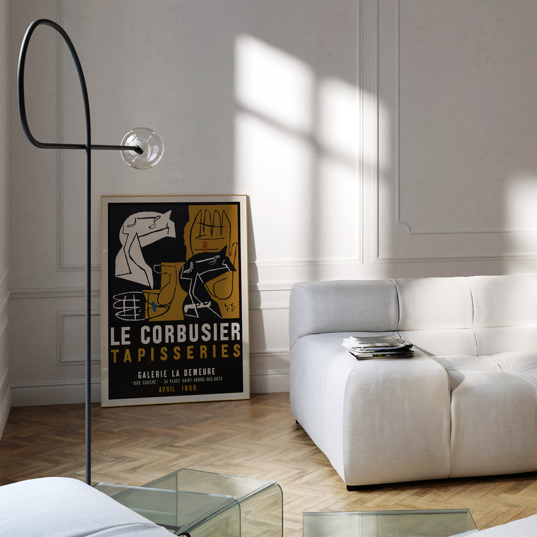 Le Corbusier Tapisseries Exhibition Poster with abstract shapes in black, white, and mustard yellow, framed art print