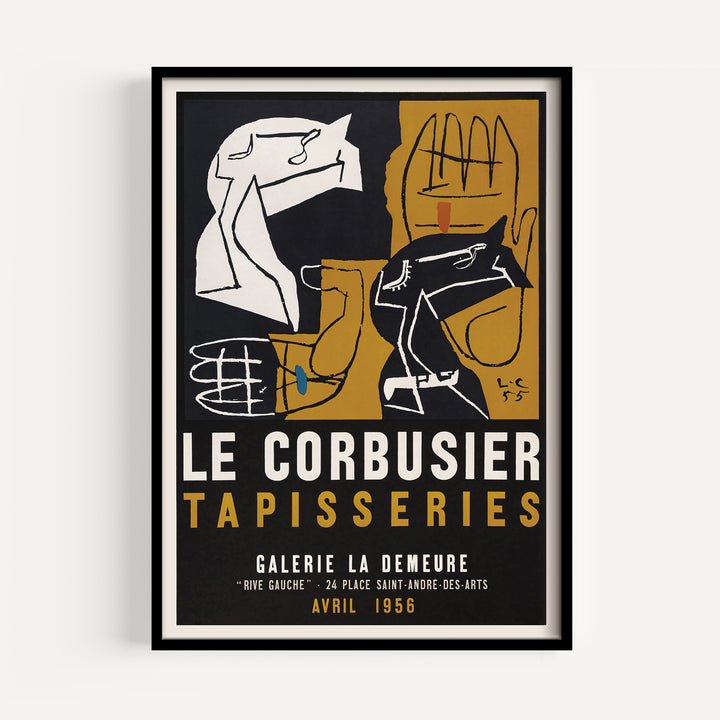 Le Corbusier Tapisseries Exhibition Poster featuring abstract shapes and hand drawings in black, white, and ochre tones.