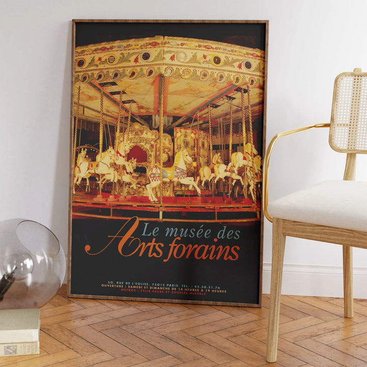 Le Musée des Arts Forains Poster vintage carousel art print with warm gold, red, and black tones framed poster