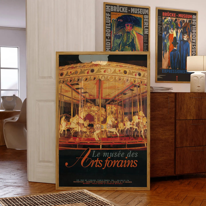 Le Musée des Arts Forains Poster vintage carousel art print with warm gold and red tones framed.