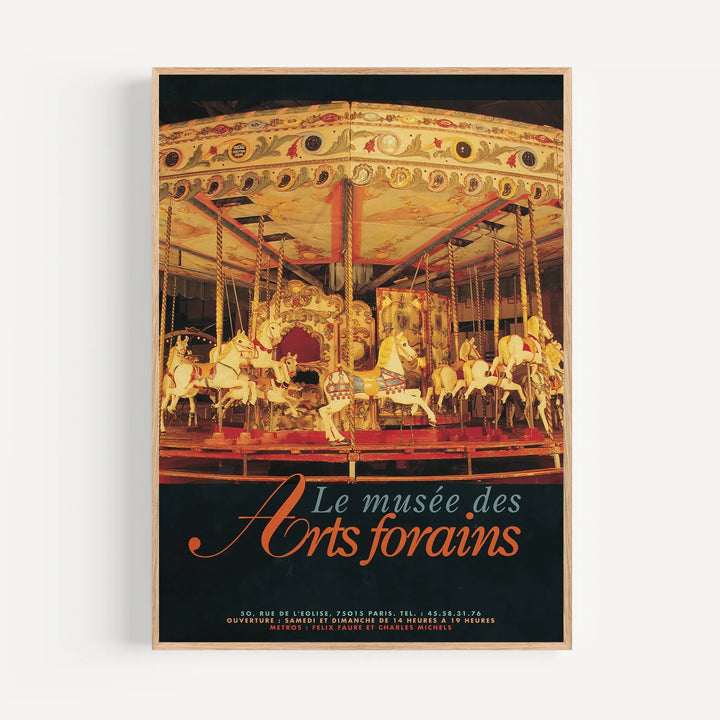 Le Musée des Arts Forains Poster featuring vintage carousel artwork with warm tones of gold, red, and cream in a framed art print.