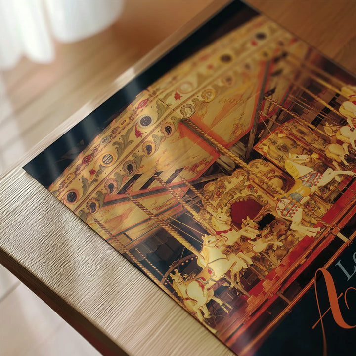 Le Musée des Arts Forains Poster featuring a vintage carousel with warm beige, red, and gold tones art print.