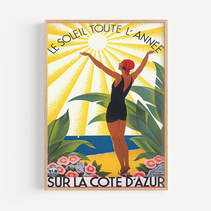 Le Soleil Toute L'Année Poster features vintage style sun rays, warm yellow tones, green foliage, and a figure in a black swimsuit.