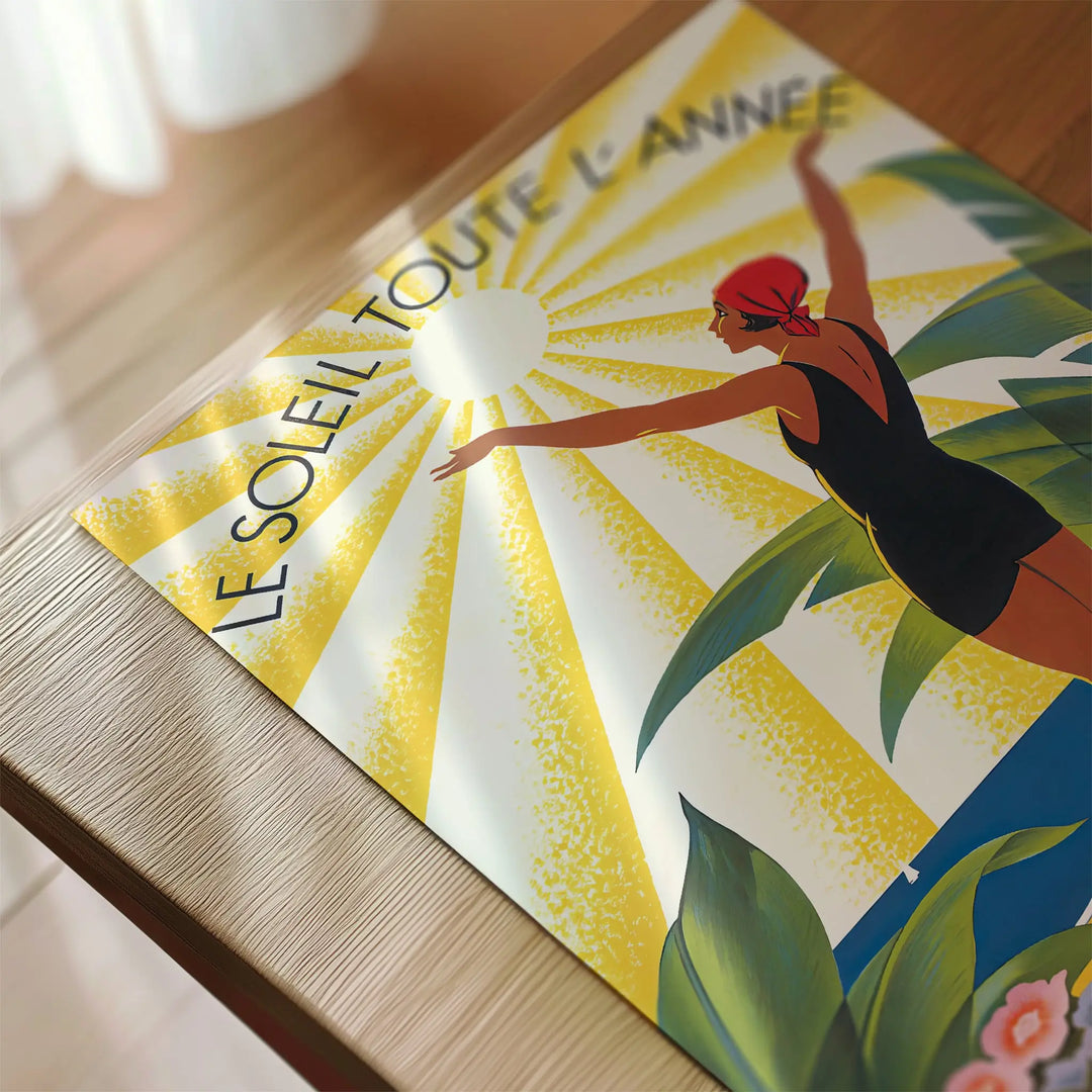 Le Soleil Toute L'Année Poster featuring a minimalist art print of a woman in a red swim cap with yellow sun rays and green leaves.