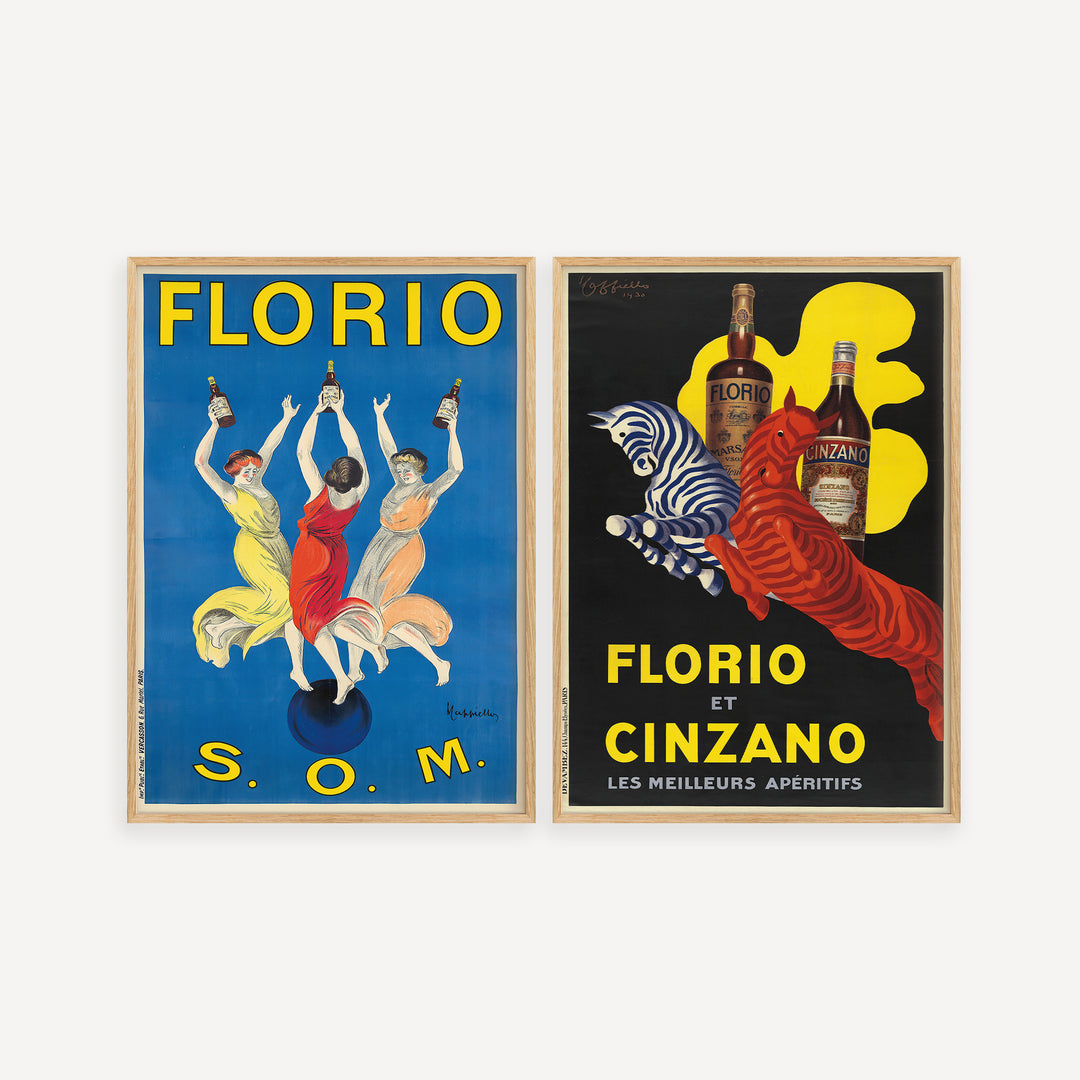 Leonetto Cappiello Poster Set featuring vintage colorful graphic posters with bold blue, red, yellow, and black tones.