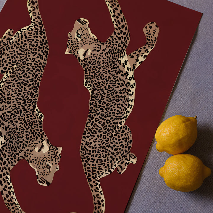 Leopards on Burgundy Poster