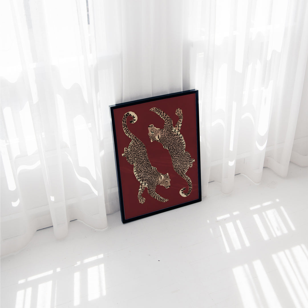 Leopards on Burgundy Poster