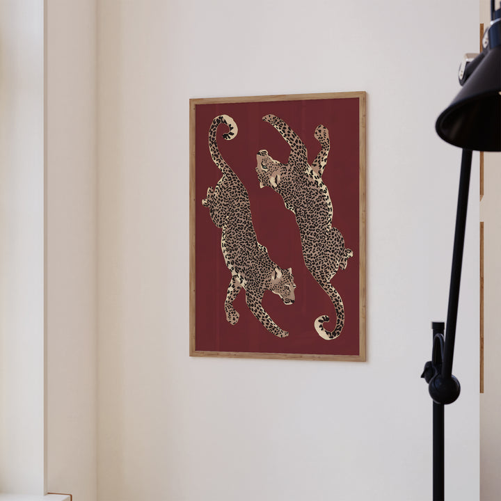 Leopards on Burgundy Poster