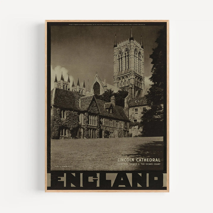 Lincoln Cathedral Central Tower Poster in vintage sepia tones with Gothic architecture details, framed wall art print.