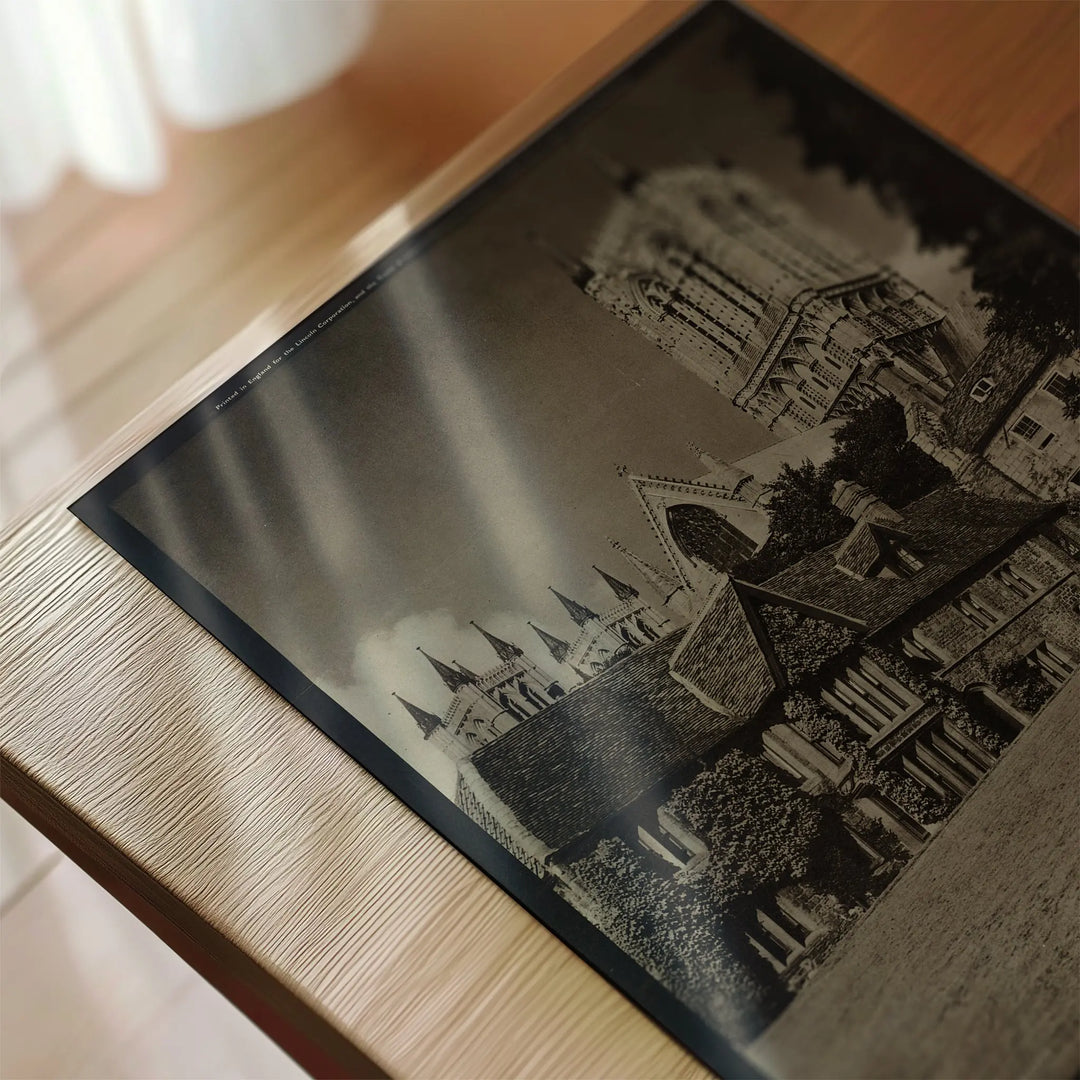 Lincoln Cathedral Central Tower Poster in vintage monochrome style, detailed architectural art print with sepia tones.