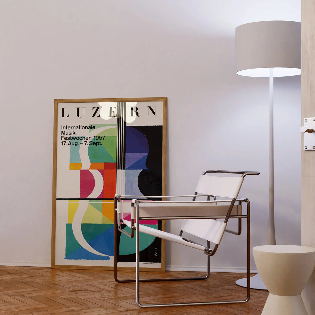 Lucerne 1957 Concert Poster with vintage abstract art in bold colors, displayed as a framed poster wall art.