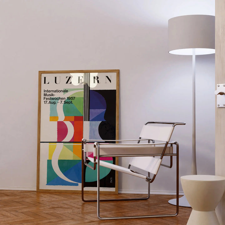 Lucerne 1957 Concert Poster with vintage abstract art in bold colors, displayed as a framed poster wall art.