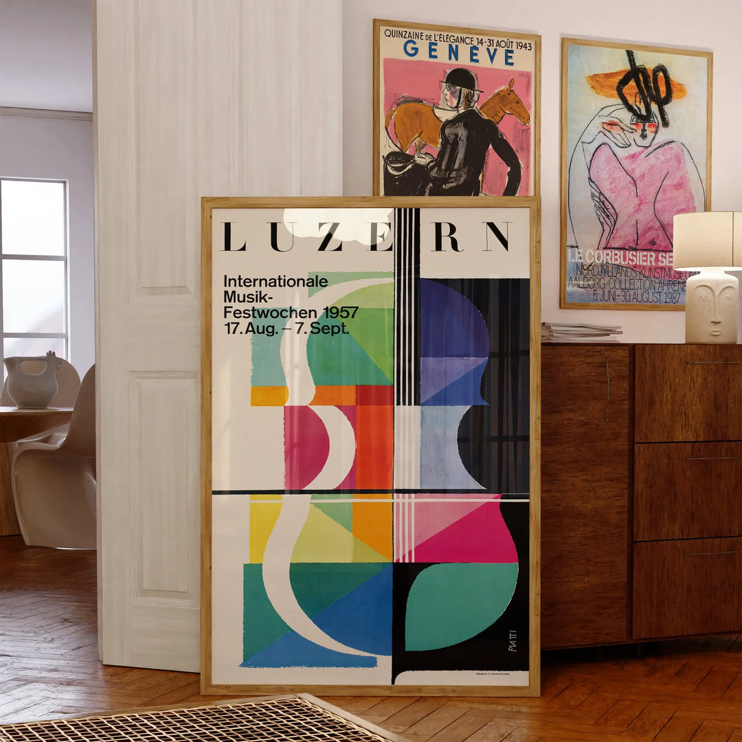 Lucerne 1957 Concert Poster in vintage abstract style with bold geometric shapes and vibrant colors framed wall art