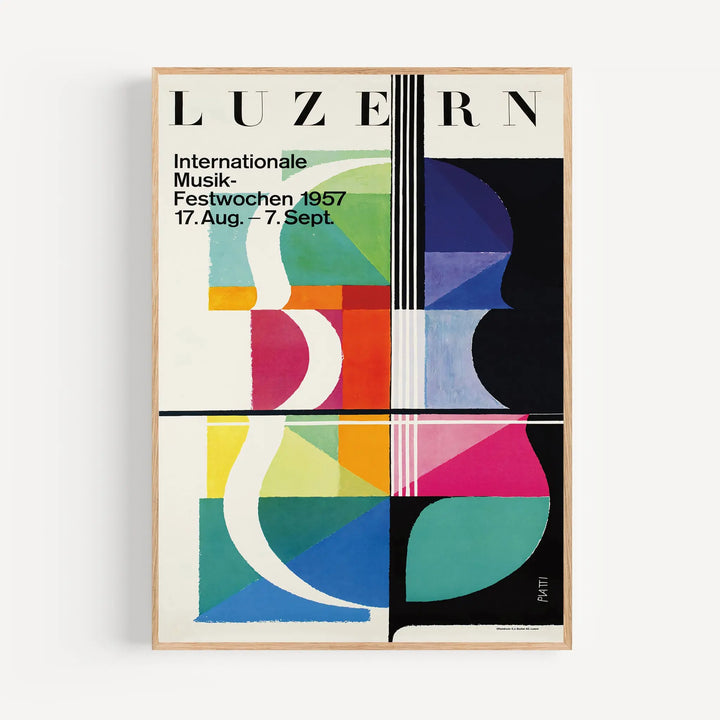 Lucerne 1957 Concert Poster featuring abstract geometric shapes in green, blue, pink, and black, vintage art print.
