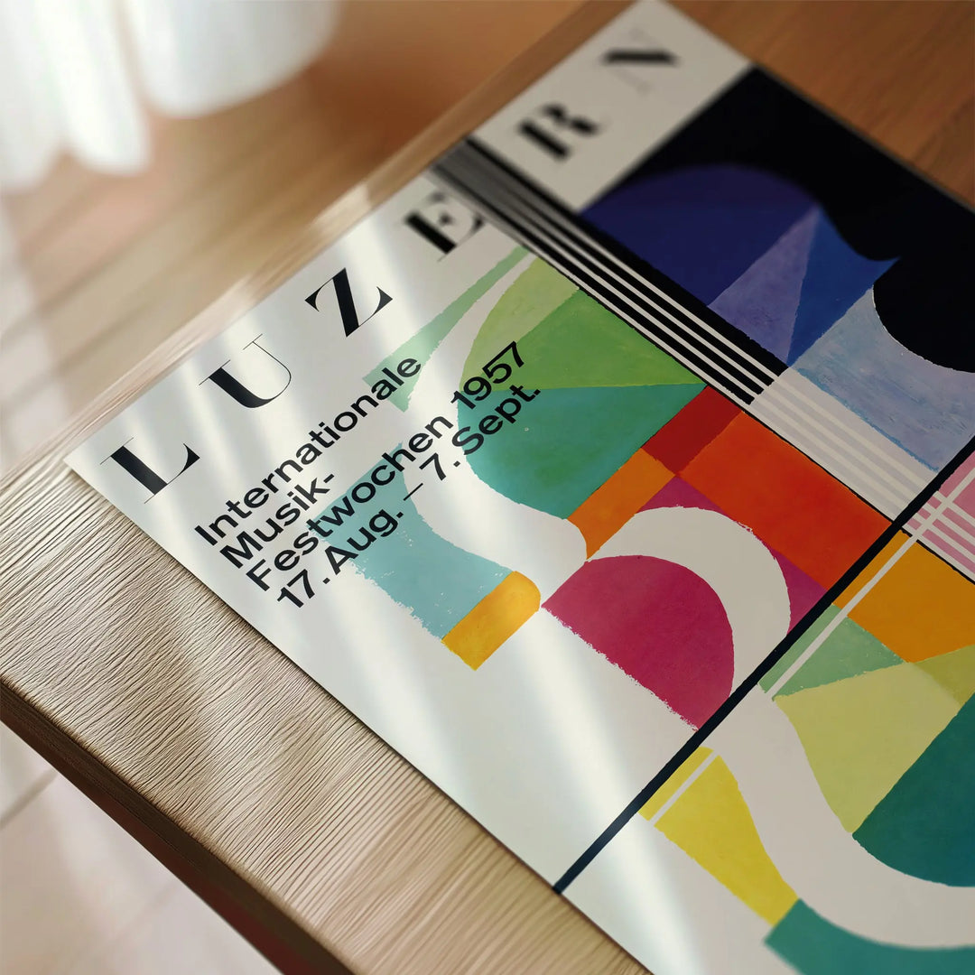 Lucerne 1957 Concert Poster featuring abstract shapes in bold colors, vintage style art print with black typography