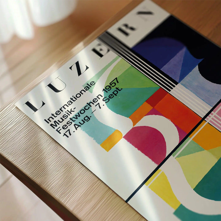 Lucerne 1957 Concert Poster featuring abstract shapes in bold colors, vintage style art print with black typography
