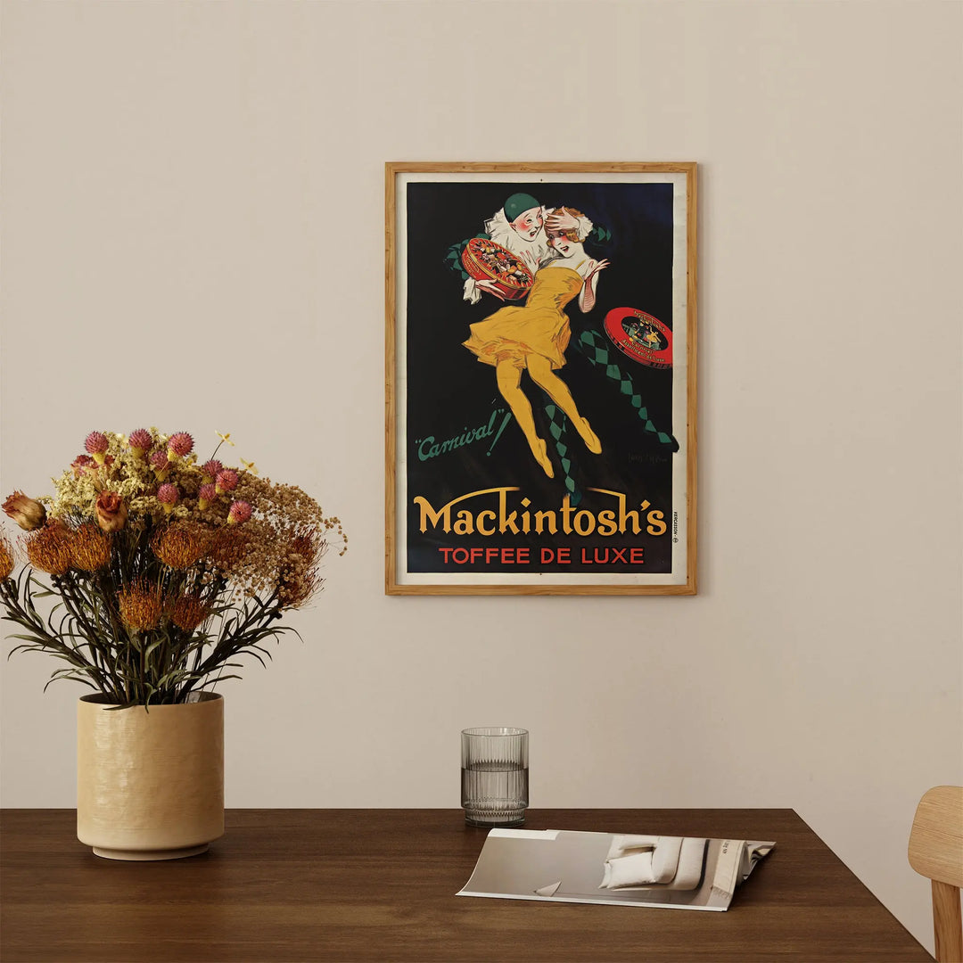 Mackintosh's Toffee de Luxe Vintage Poster wall art featuring vintage carnival dancers in yellow and green on black background