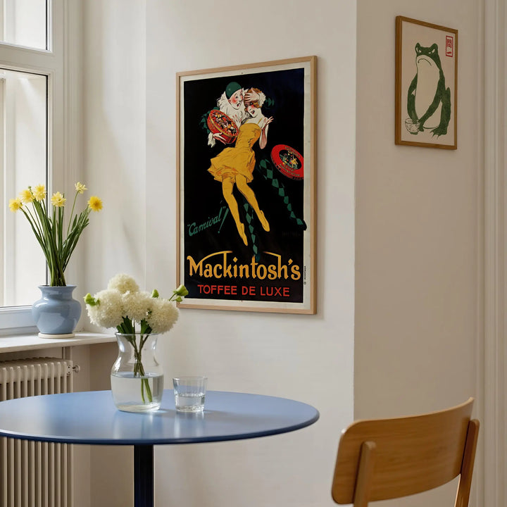 Mackintosh's Toffee de Luxe Vintage Poster framed wall art with vibrant yellow, red, and green colors in vintage style.