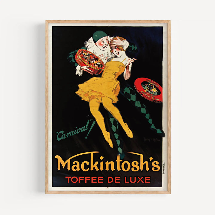 Mackintosh's Toffee de Luxe Vintage Poster vintage style with vibrant yellow, red, black featuring carnival-themed illustration and typography