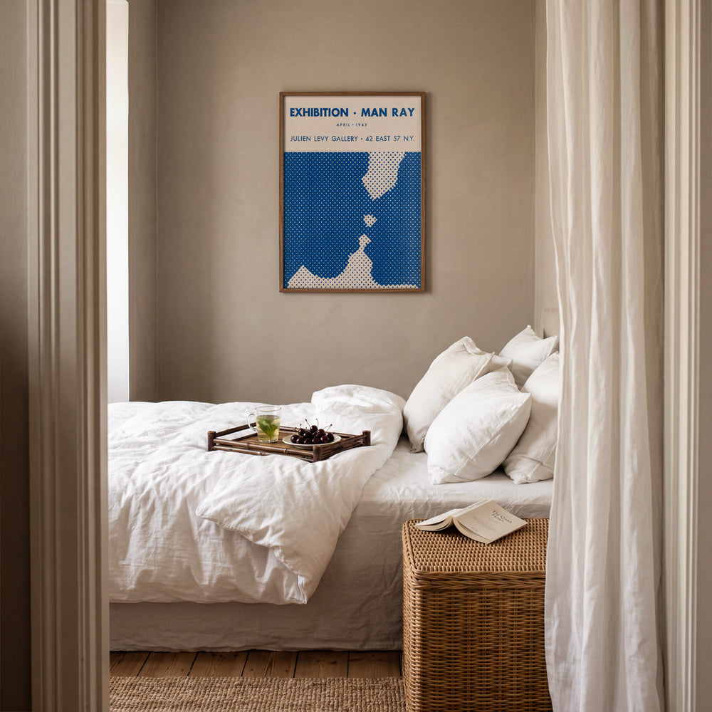 Man Ray Exhibition Poster featuring minimalist blue and white abstract design, framed poster wall art.